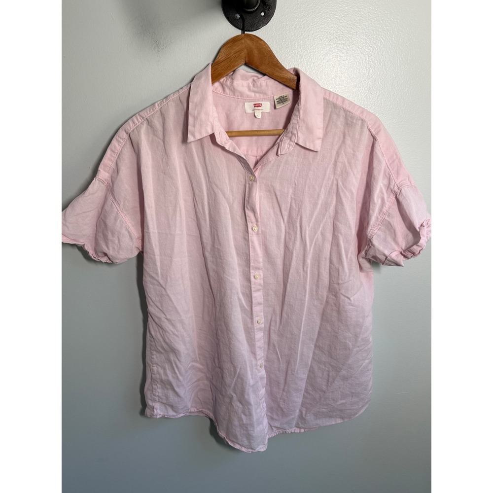 Levis Womens Short Sleeve Linen Blend Button Down Shirt Pink Size L Relaxed Fit